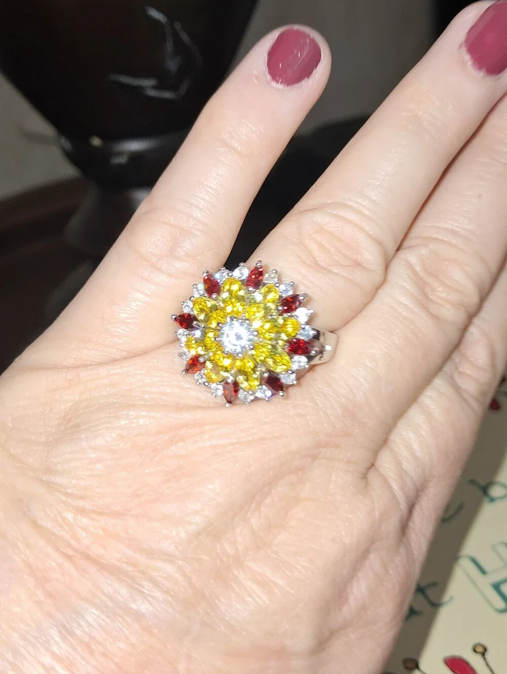 Yellow and Red  Australian Crystals Multi-Stone Floral Cocktail Ring